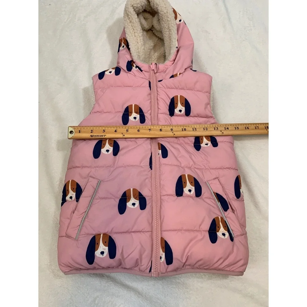 Mini Boden Reversible Puffer Vest Girls 6-7Y Pink Beagle‎ Dog Sherpa Fleece Hood